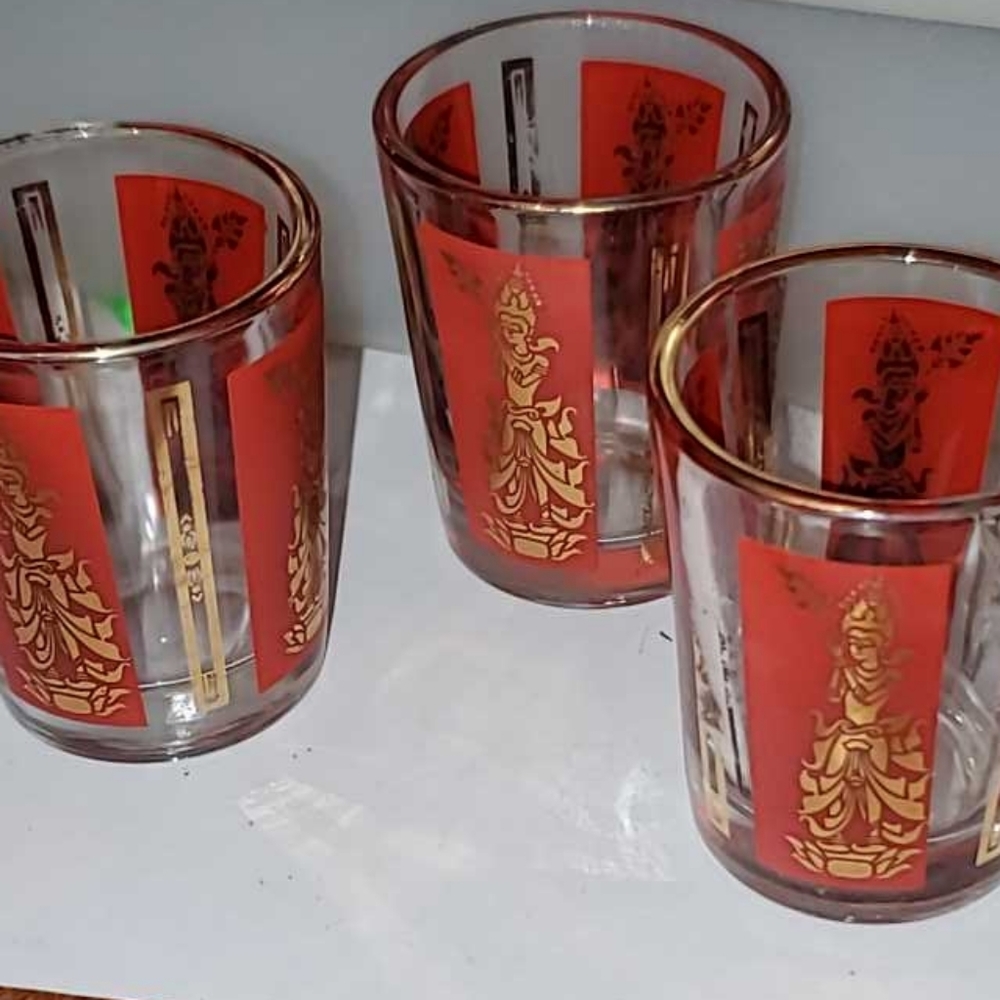 CULVER 1960s Vintage Shot Glasses Thai Goddess Dancer Red & Gold Set of 3